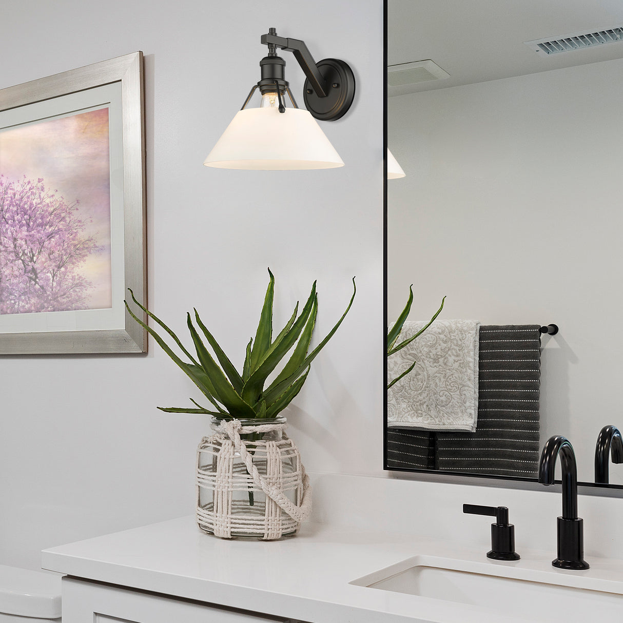 Orwell BLK 1 Light Wall Sconce in Matte Black with Opal Glass Shade