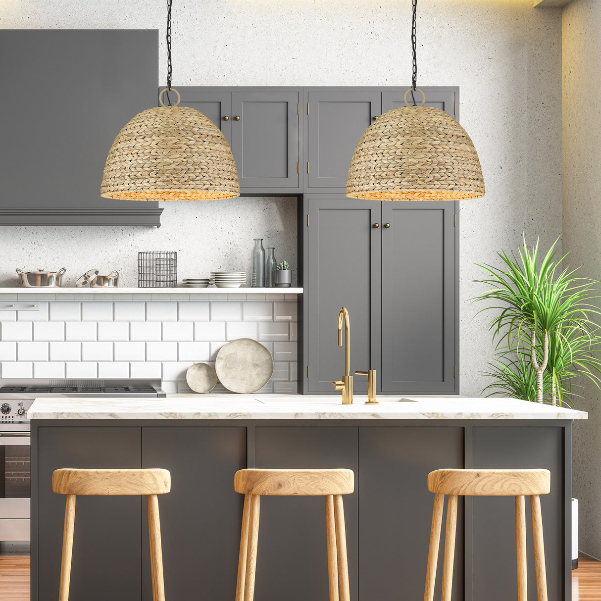 Rue 5 Light Pendant in Matte Black with Woven Sweet Grass Shade