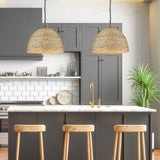 Rue 5 Light Pendant in Matte Black with Woven Sweet Grass Shade