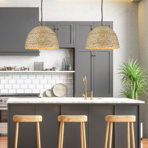 Rue 5 Light Pendant in Matte Black with Woven Sweet Grass Shade