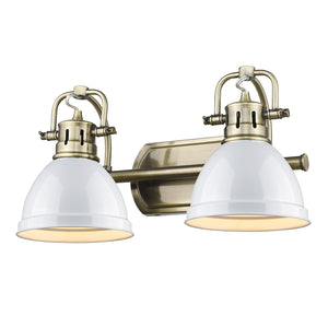 Duncan 2 Light Bath Vanity in Aged Brass with White Shades