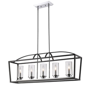 Mercer 5 Light Linear Pendant in Matte Black with Chrome accents and Seeded Glass