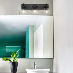 Hines 3-Light Bath Vanity in Matte Black with Seeded Glass
