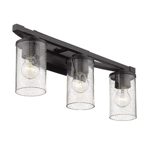 Mercer 3 Light Bath Vanity in Matte Black with Matte Black accents and Seeded Glass