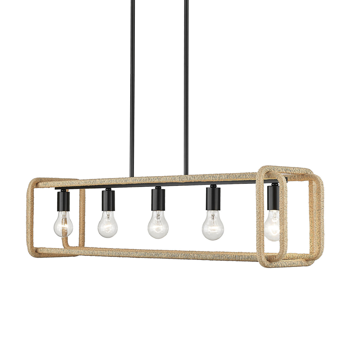 Camden Linear Pendant in Matte Black with Natural Raphia Rope