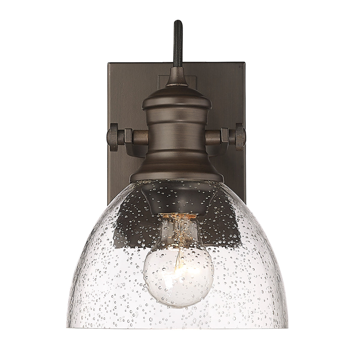 Hines 1-Light Bath Vanity in Rubbed Bronze with Seeded Glass