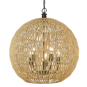 Florence 5-Light Pendant in Matte Black and Natural Raphia Rope Shade