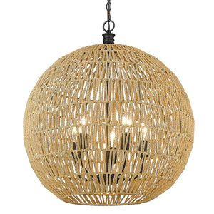 Florence 5-Light Pendant in Matte Black and Natural Raphia Rope Shade