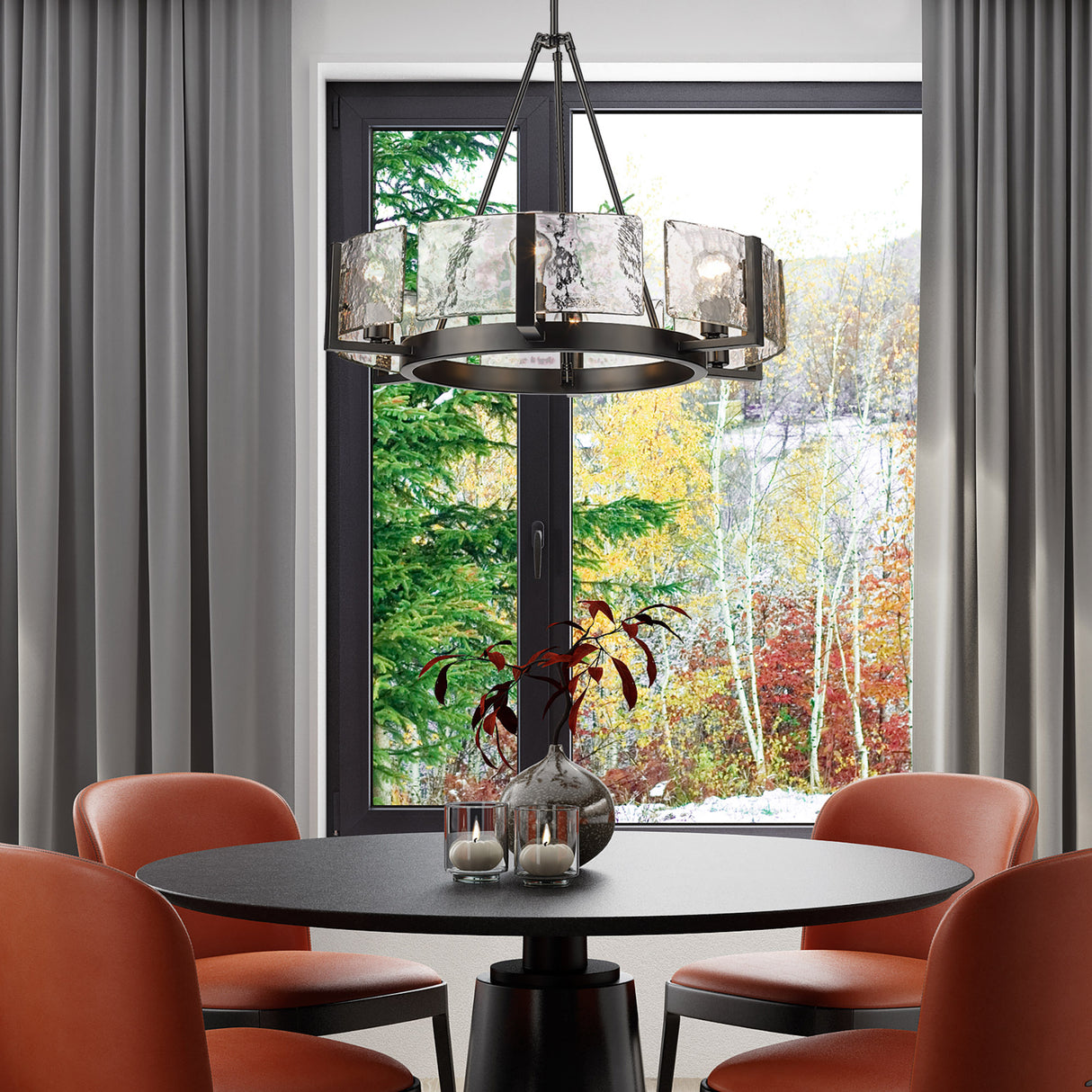 Aenon 6-Light Chandelier in Matte Black with Hammered Water Glass Shade