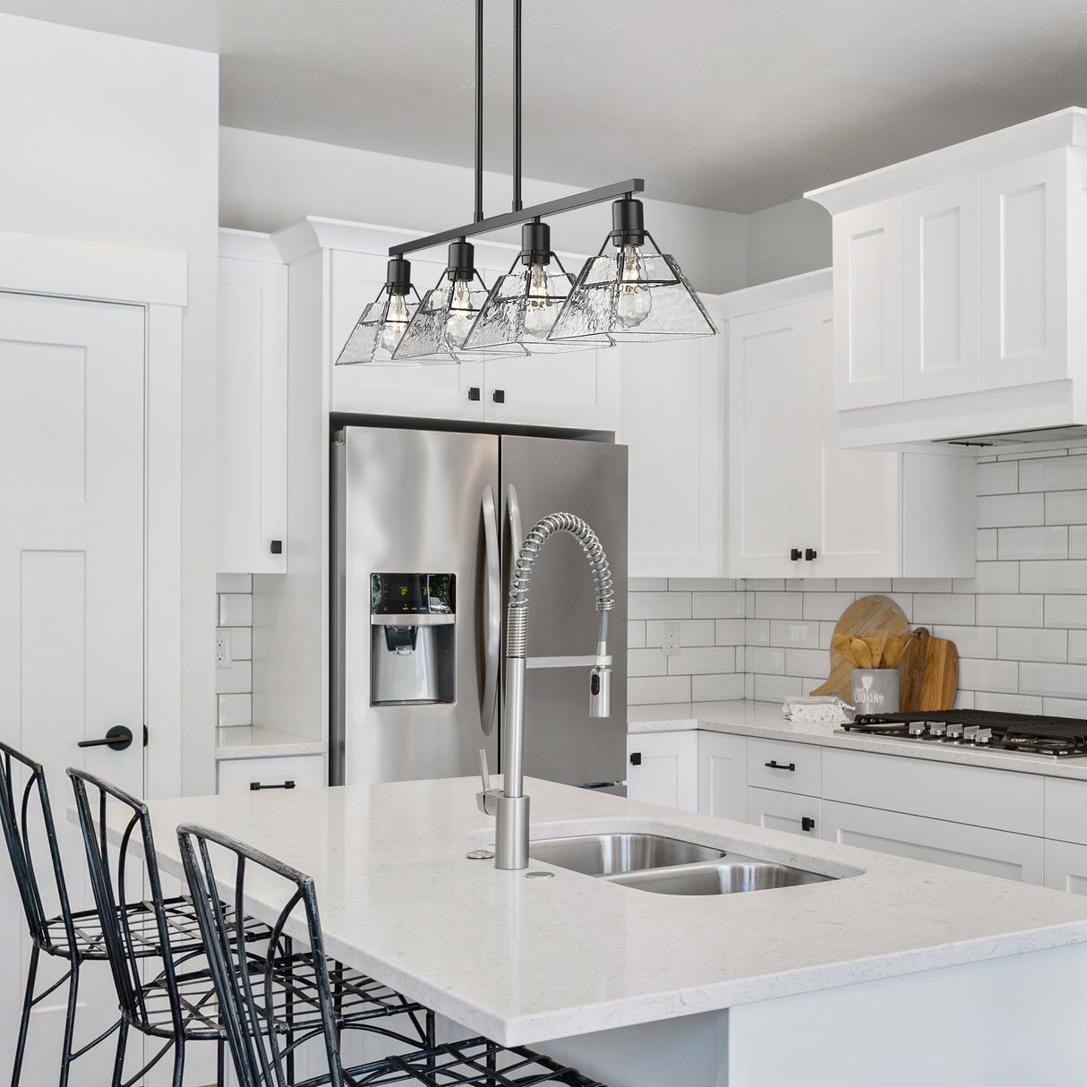 Kepler Linear Pendant in Matte Black with Water Glass Shade