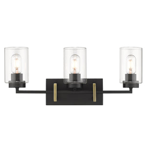 Tribeca 3-Light Bath Vanity in Matte Black with Aged Brass Accents