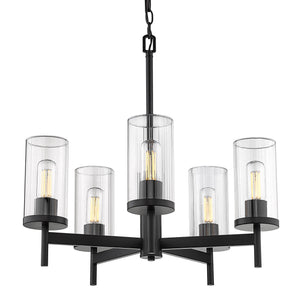 Winslett 5-Light Chandelier in Matte Black with Ribbed Clear Glass Shades