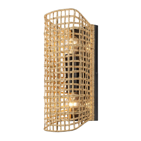 Layney 2 Light Wall Sconce in Matte Black with Natural Raphia Rope Shade