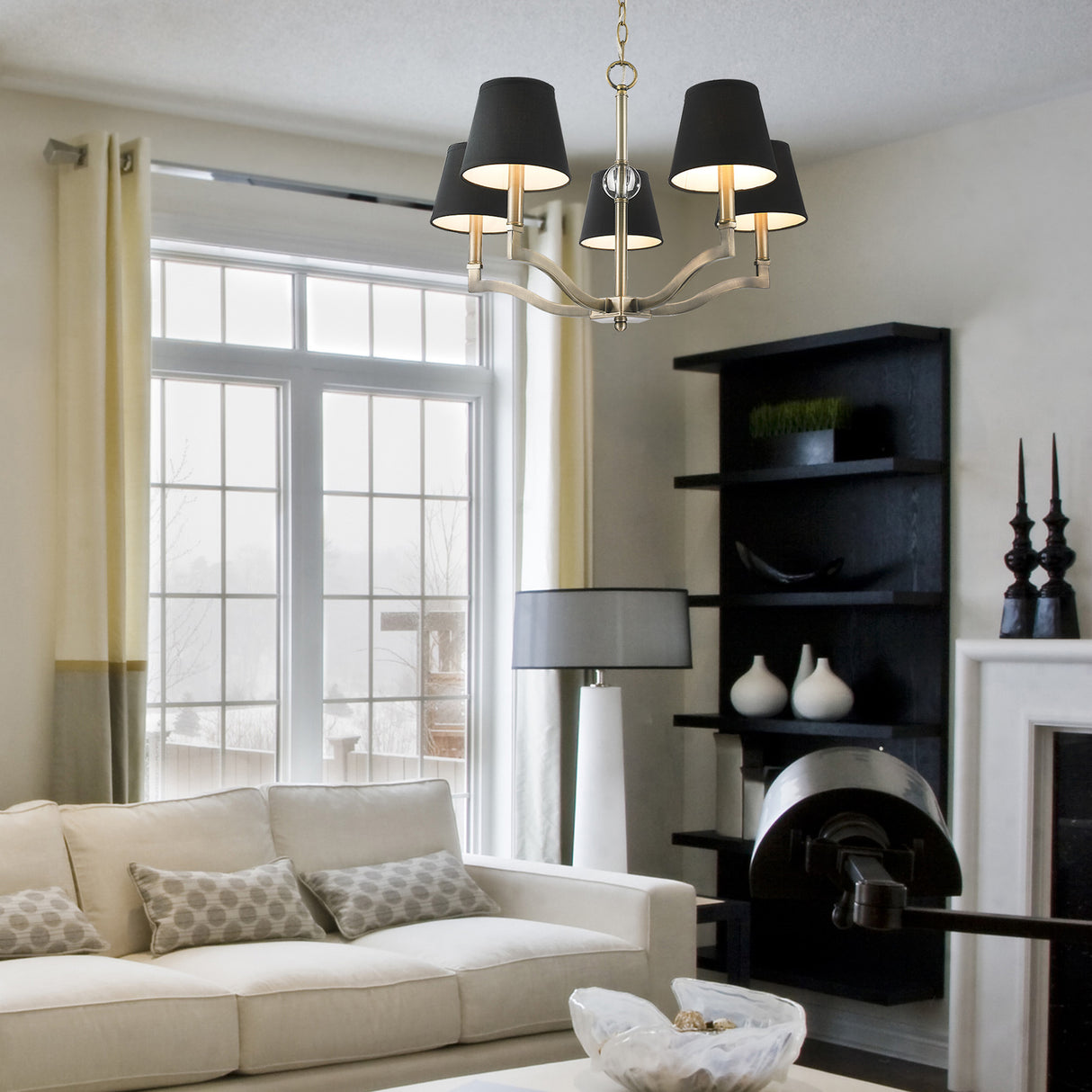 Waverly 5 Light Chandelier in Aged Brass with Tuxedo Shade