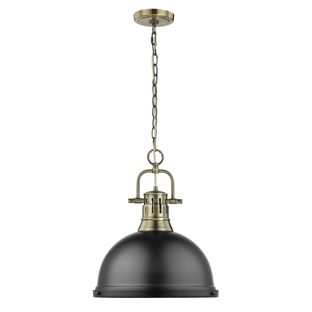 Duncan 1 Light Pendant with Chain in Aged Brass with a Matte Black Shade