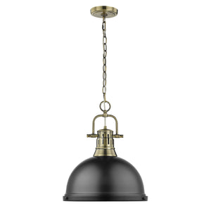 Duncan 1 Light Pendant with Chain in Aged Brass with a Matte Black Shade
