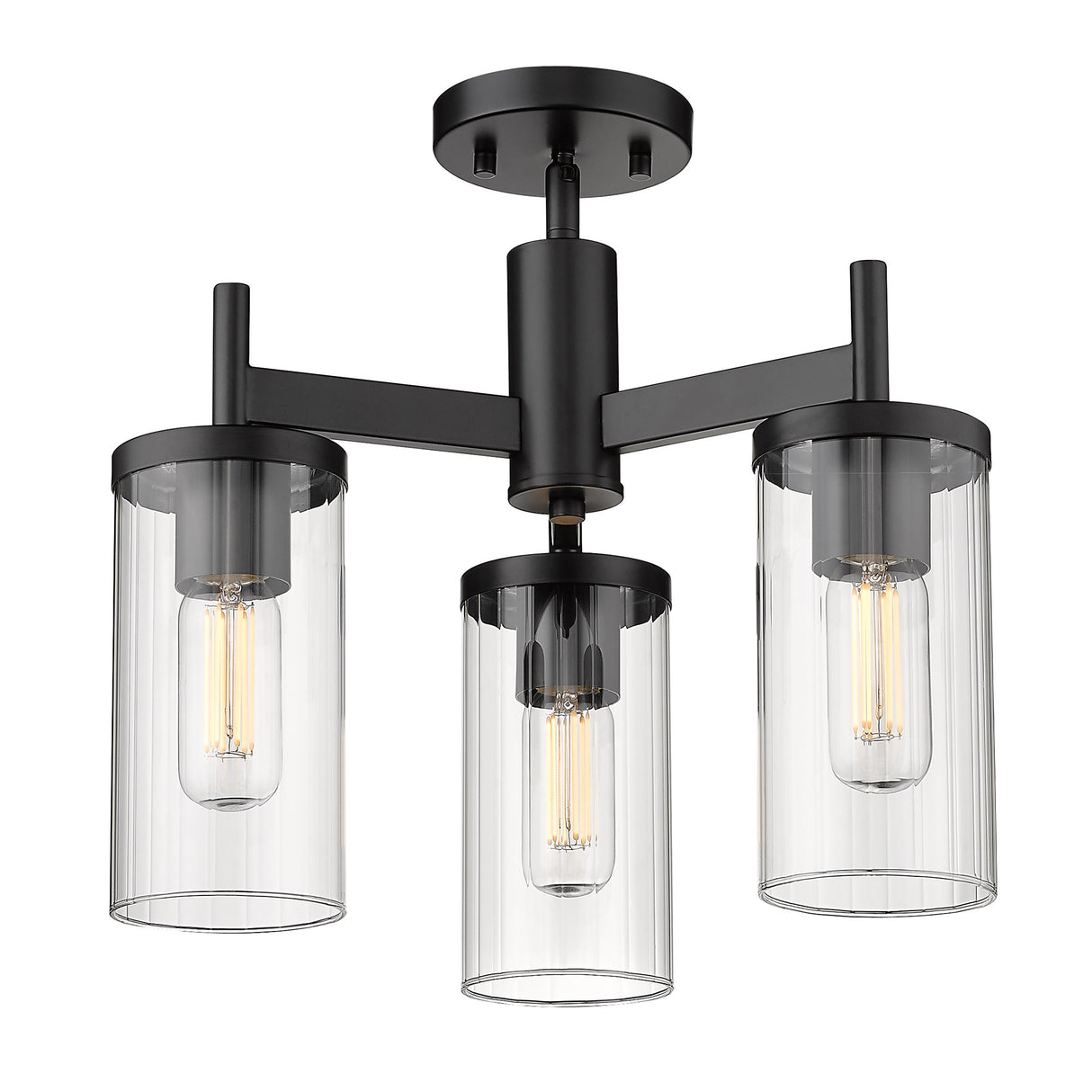 Winslett 3-Light Semi-Flush in Matte Black with Ribbed Clear Glass Shades