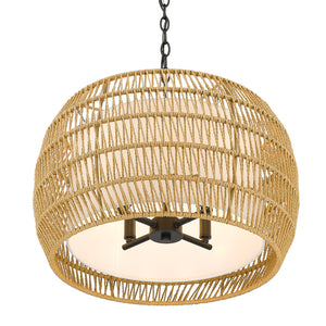 Everly 4 Light Chandelier in Matte Black with Natural Rattan Shade
