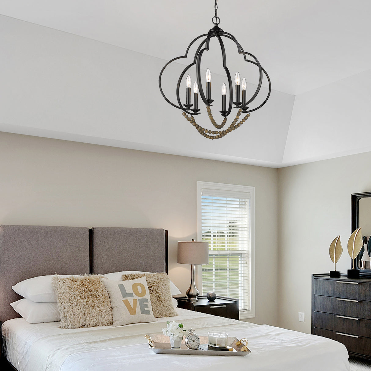 Flori 6 Light Pendant in Matte Black with Espresso Wood Beads