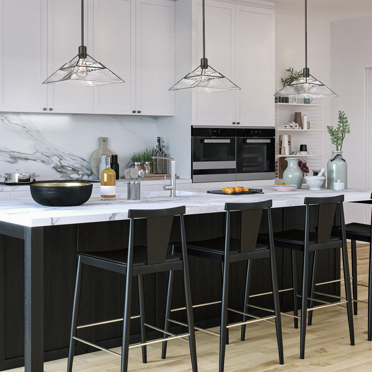 Kepler Medium Pendant in Matte Black with Water Glass Shade