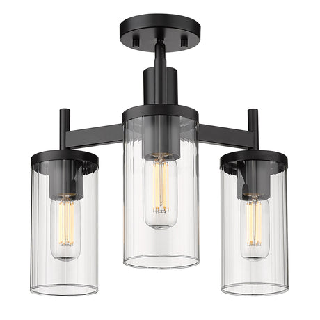 Winslett 3-Light Semi-Flush in Matte Black with Ribbed Clear Glass Shades