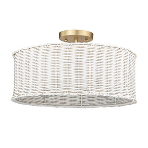 Erma BCB 3 Light Semi-Flush in Brushed Champagne Bronze with White Wicker Shade