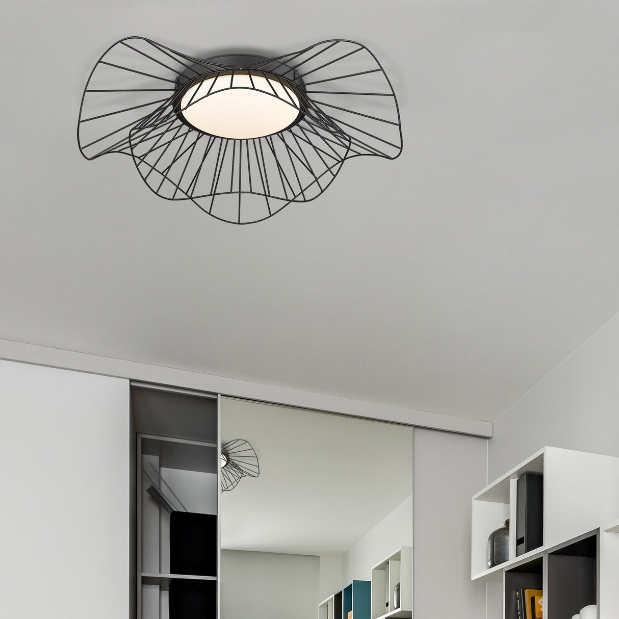 Elena Flush Mount - 24" in Natural Black with Opal Glass Shade
