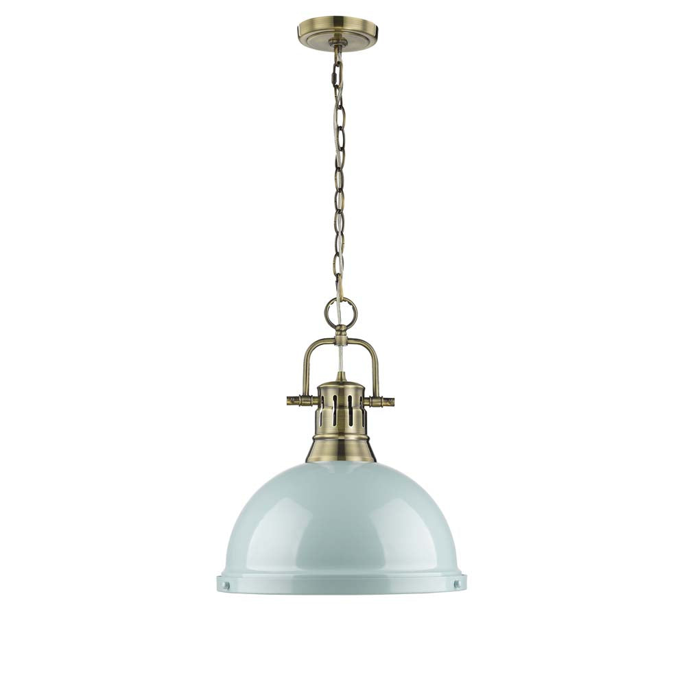 Duncan 1 Light Pendant with Chain in Aged Brass with a Seafoam Shade
