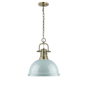 Duncan 1 Light Pendant with Chain in Aged Brass with a Seafoam Shade