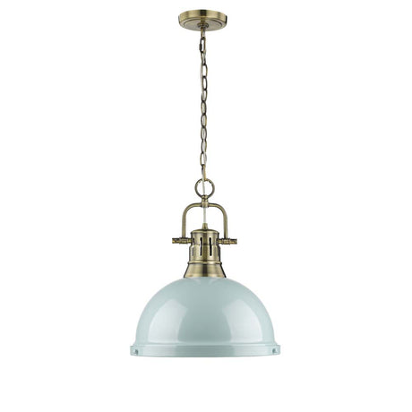 Duncan 1 Light Pendant with Chain in Aged Brass with a Seafoam Shade