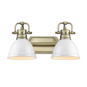 Duncan 2 Light Bath Vanity in Aged Brass with Matte White Shades