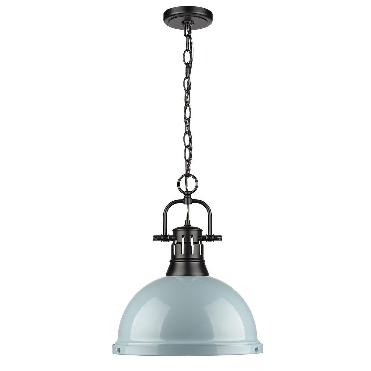 Duncan 1 Light Pendant with Chain in Matte Black with a Seafoam Shade