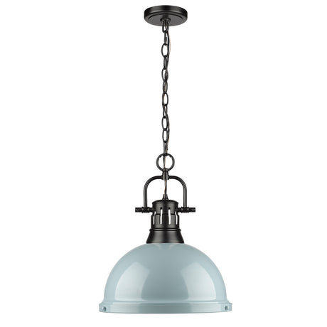 Duncan 1 Light Pendant with Chain in Matte Black with a Seafoam Shade