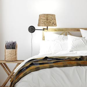 Eleanor Articulating Wall Sconce in Matte Black with Woven Sweet Grass Shade