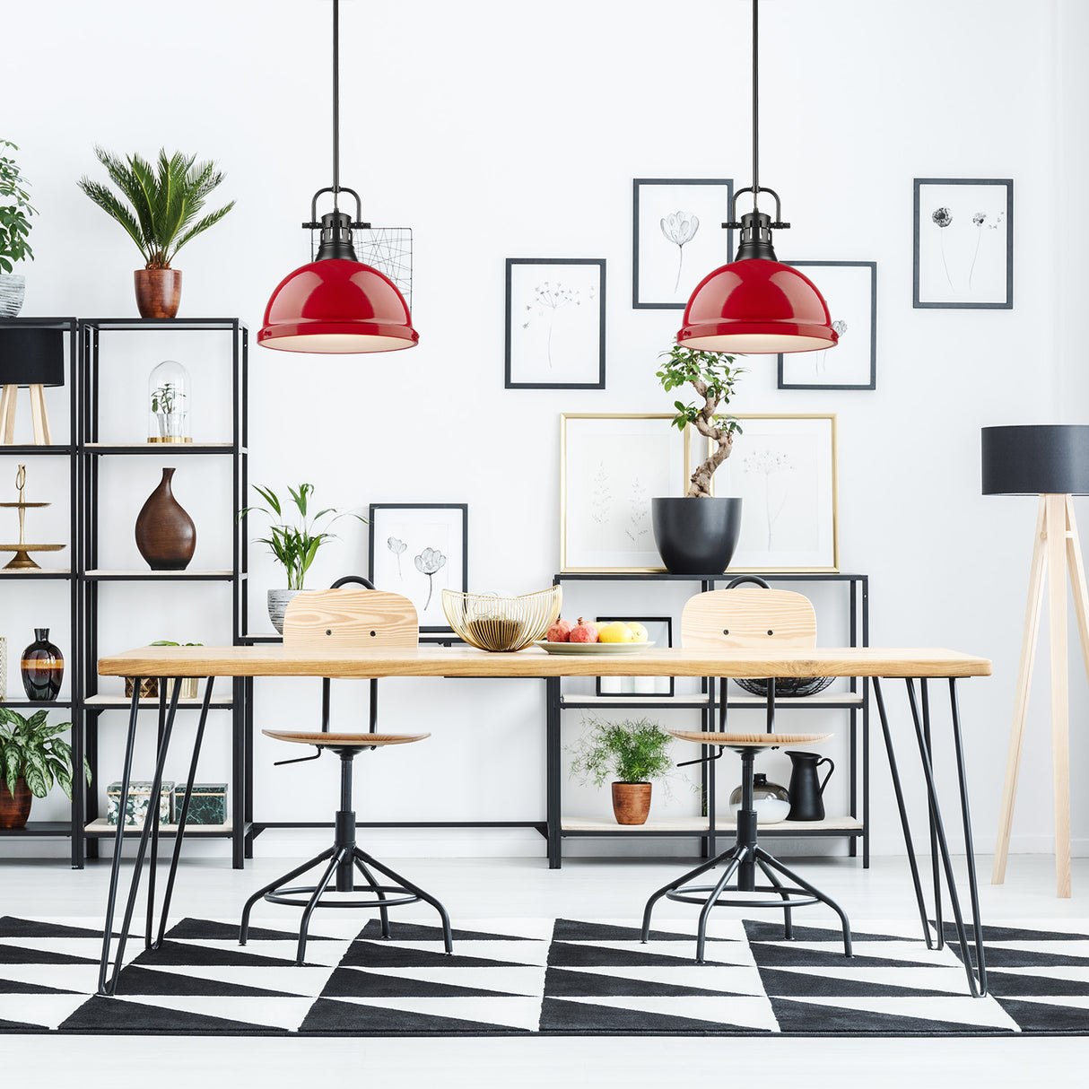 Duncan 1 Light Pendant with Rod in Matte Black with a Red Shade