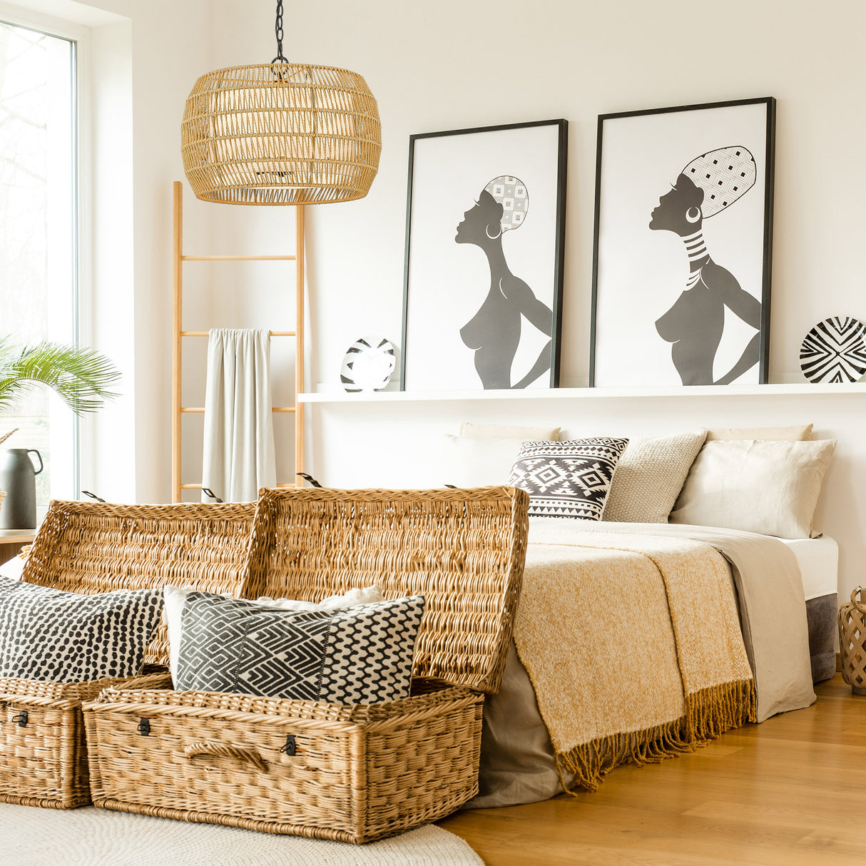 Everly 4 Light Chandelier in Matte Black with Natural Rattan Shade