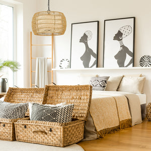 Everly 4 Light Chandelier in Matte Black with Natural Rattan Shade