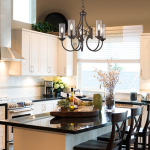 Quincy 5 Light Chandelier in Cordoban Bronze with Clear Glass Shades