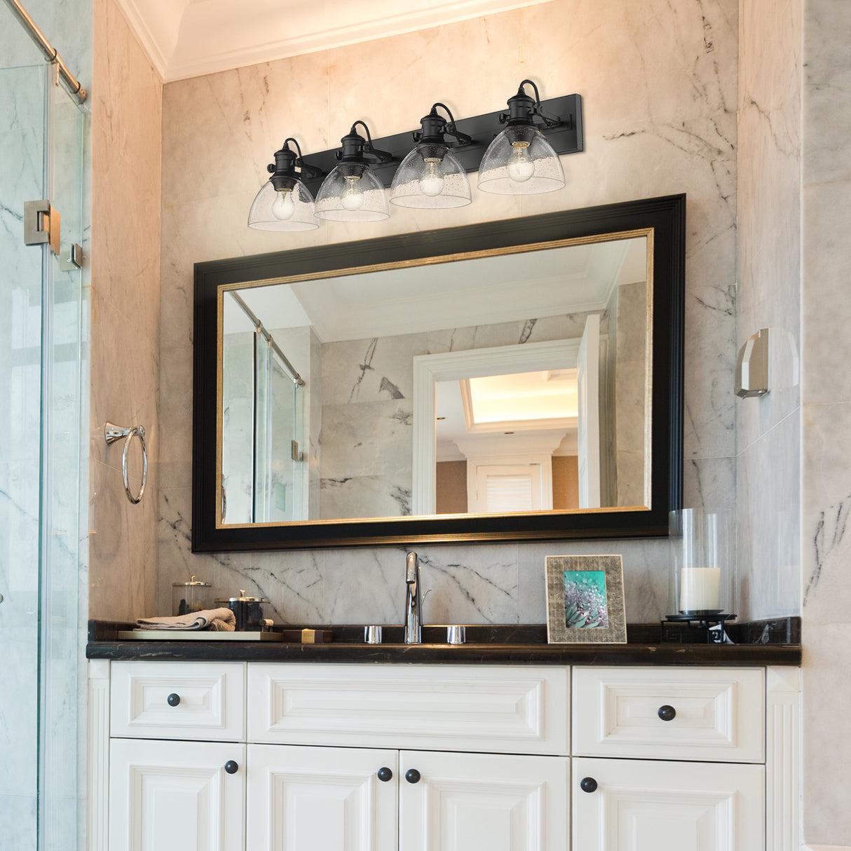 Hines 4-Light Bath Vanity in Matte Black with Seeded Glass Shades