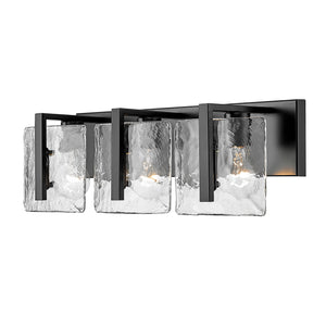 Aenon 3-Light Bath Vanity in Matte Black with Hammered Water Glass Shade