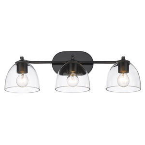Roxie 3 Light Bath Vanity in Matte Black with Matte Black Accents and Clear Glass Shade