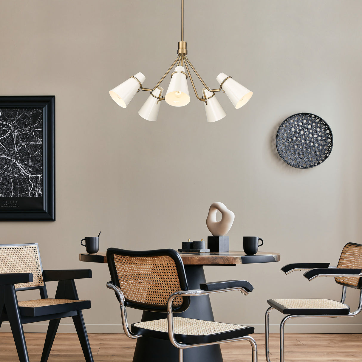 Reeva 5 Light Chandelier in Modern Brass with Glossy Ecru Shade