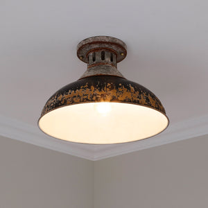 Kinsley Semi-Flush in Aged Galvanized Steel with Antique Black Iron Shade