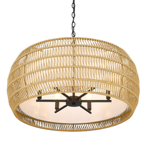 Everly 6 Light Chandelier in Matte Black with Natural Rattan Shade