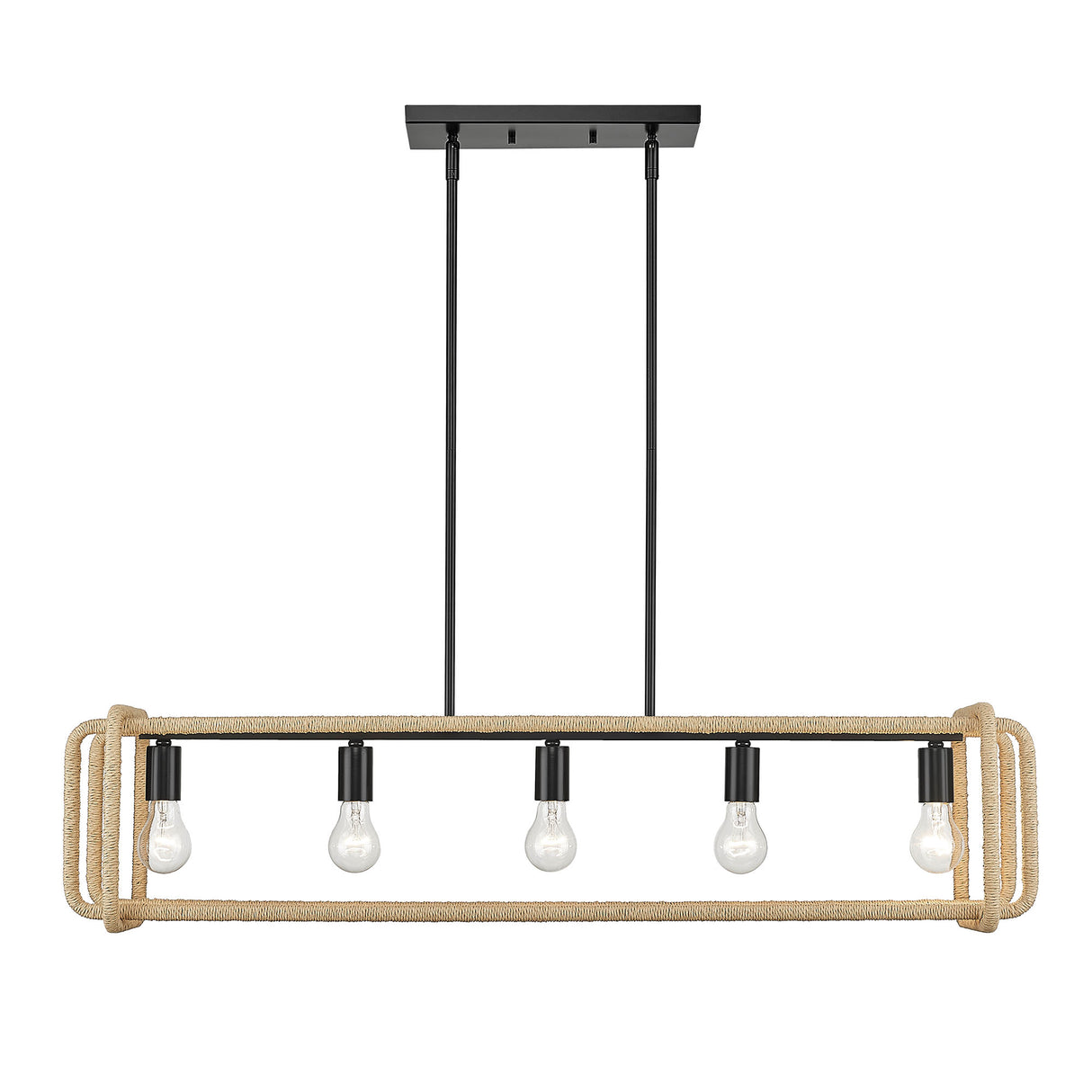 Camden Linear Pendant in Matte Black with Natural Raphia Rope