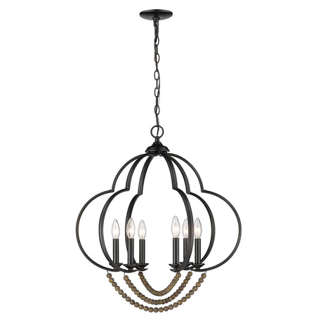 Flori 6 Light Pendant in Matte Black with Espresso Wood Beads