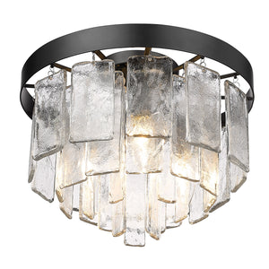 Ciara BLK 3 Light Flush Mount in Matte Black with Hammered Water Glass Shade