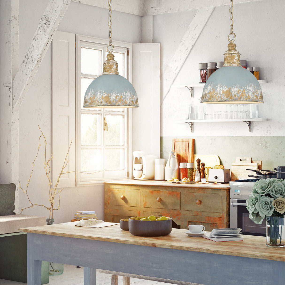 Alison Medium Pendant in Vintage Gold with Teal Shade