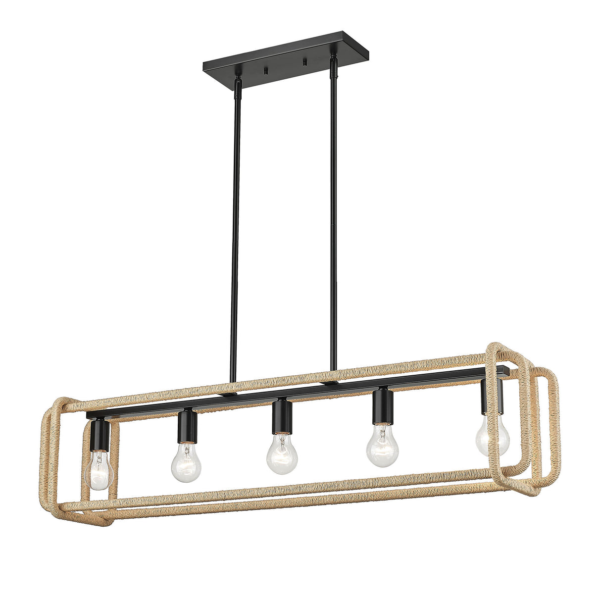 Camden Linear Pendant in Matte Black with Natural Raphia Rope