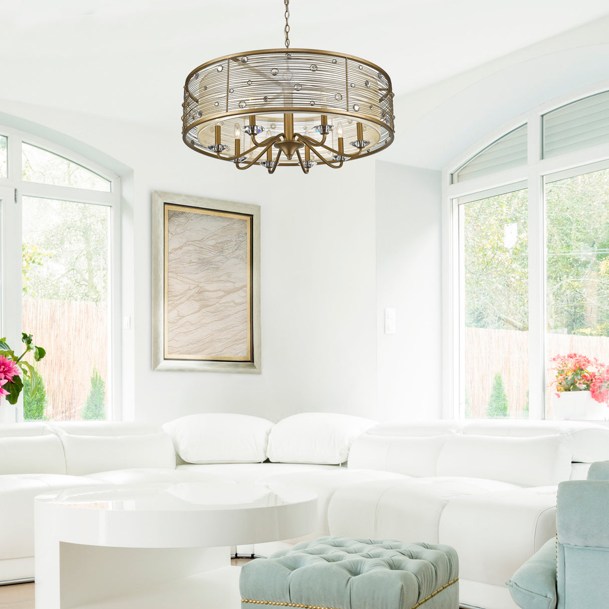 Joia 8 Light Chandelier in Peruvian Gold with a Sheer Filigree Mist Shade